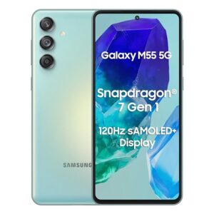 Homepage: Gadgets Today 26 Samsung Galaxy M55 5G (Light Green,8GB RAM,128GB Storage) | 50MP Triple Cam| 5000mAh Battery| Snapdragon 7 Gen 1 | 4 Gen. OS Upgrade & 5 Year Security Update| Super AMOLED+ Display| Without Charger